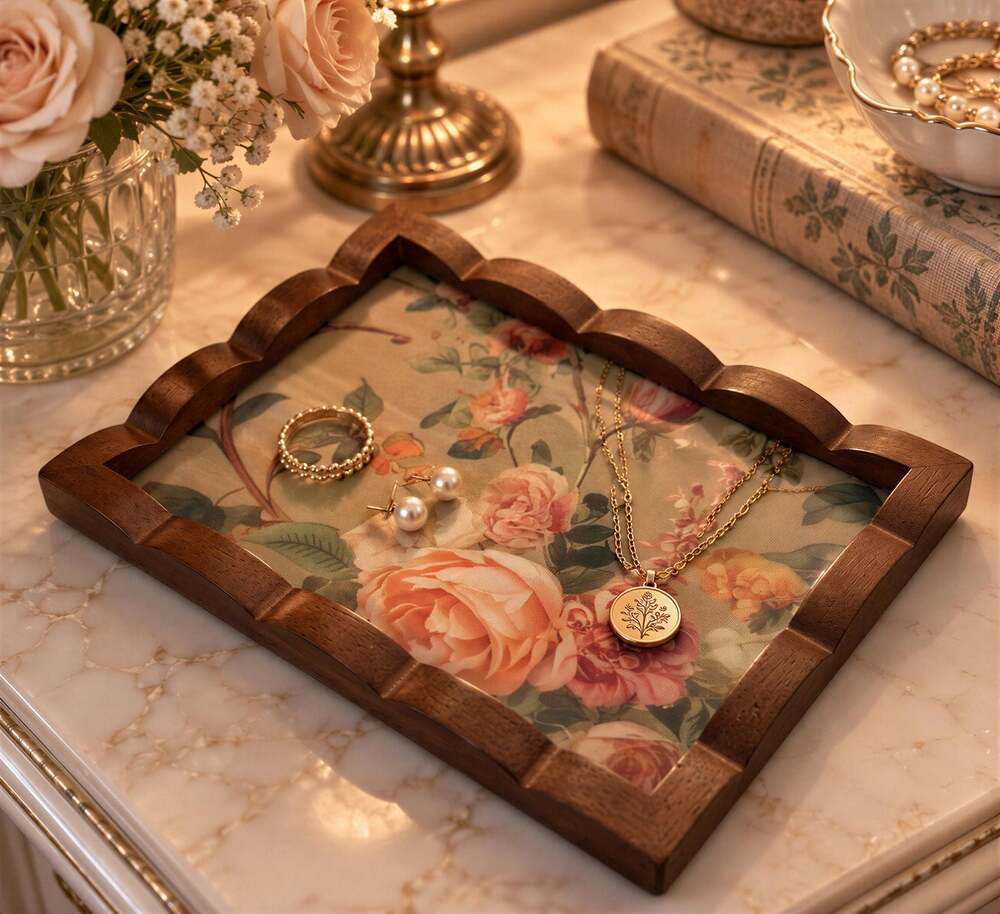 Upcycled Wood Vanity Tray, Peach Rose Glass, Shabby Chic Accent (7.75 x 5.75 in)